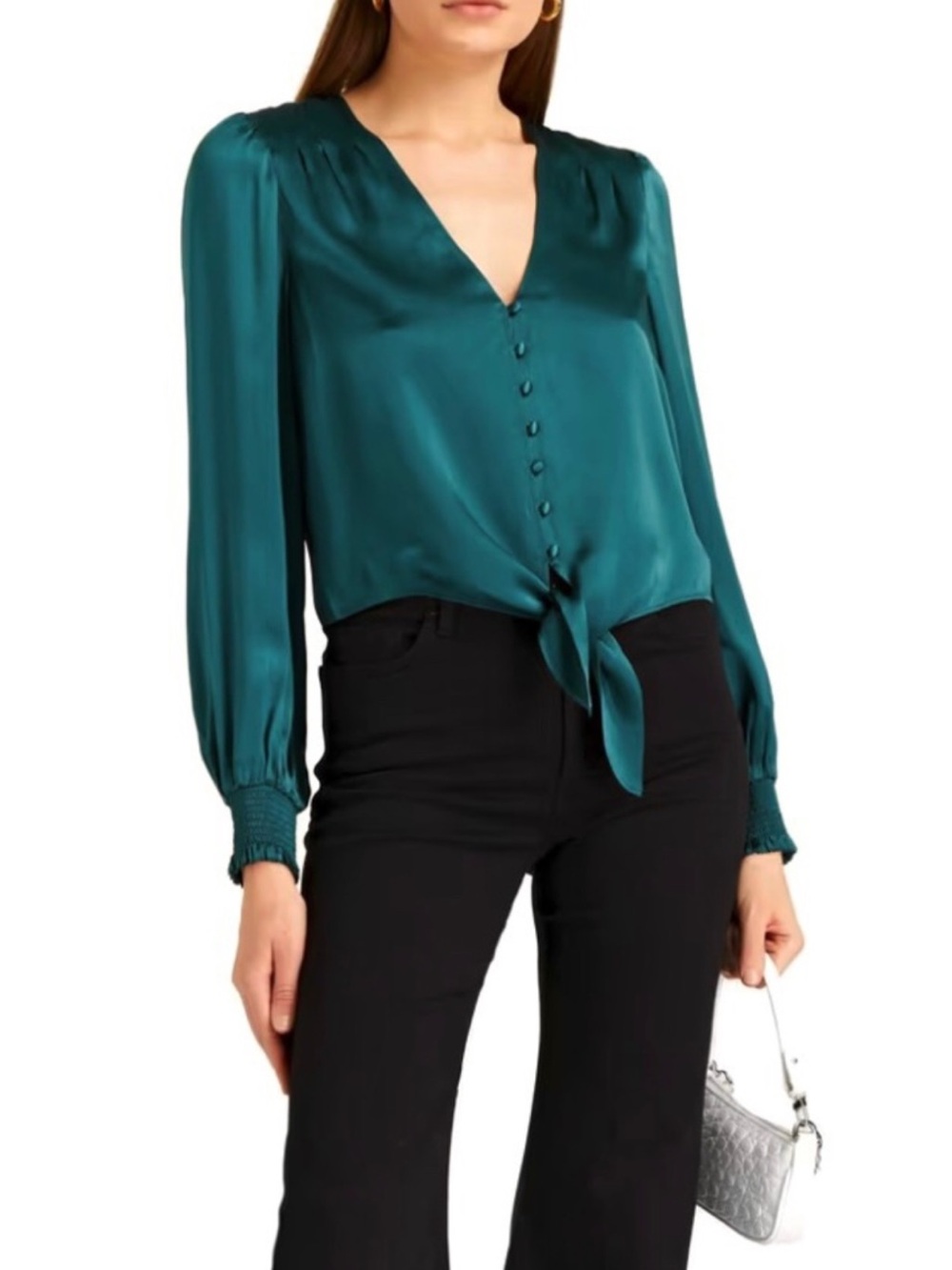 CAMI NYC GREEN SILK TIE-FRONT BLOUSE